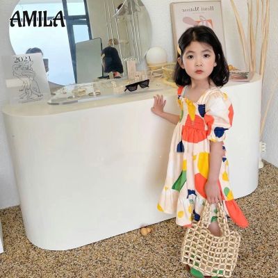 AMILA กระโปรงเด็กผู้หญิงชุดเดรสลูกไม้แบบบล็อกมีจีบ,ชุดเจ้าหญิง2023ฤดูร้อนเสื้อผ้าเด็กขายต่างประเทศใหม่