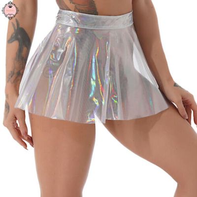 [ส่งของ]Womens Transparent PVC Pleated Mini Skirt High Waist See Through Skirts Clubwear