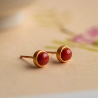 S925 Sterling Silver Ancient French Gold Retro Small Red Bean Round Earrings Female Delicate Temperament Literary Earrings Simple MSBB MSBB VUCT VUCT