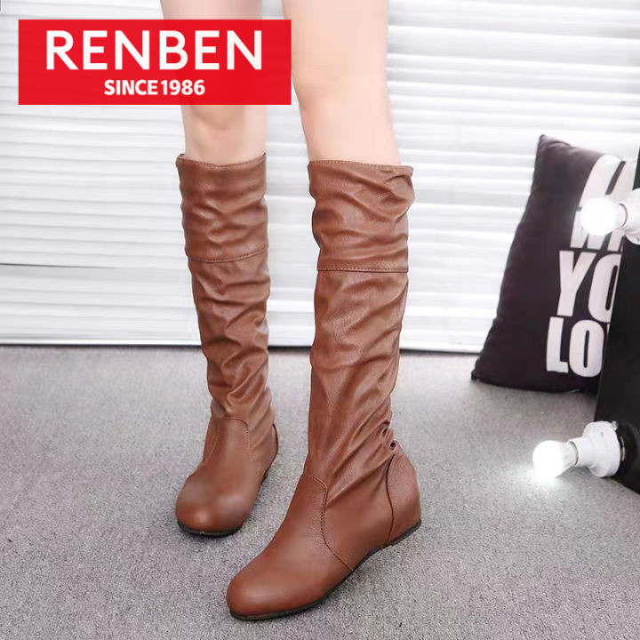 renben-รองเท้าบูทส้นแบนสำหรับผู้หญิง-รองเท้าบูทแฟชั่นหุ้มเท้าทำจากหนังอัดจีบสำหรับผู้หญิง