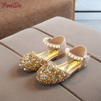 21-35Size Shinning Girl Leather Shoes Sequins Pearl Baby Princess Shoes Blingbling Kids Casual Shoes