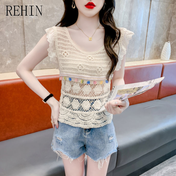 rehin-เสื้อคอกลมถักแขนกุดผู้หญิงการออกแบบที่ไม่เหมือนใครเสื้อบังทรงโครเชต์เสื้อฤดูร้อนสั้น