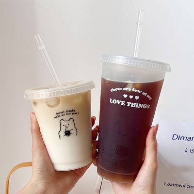 [HOT QIKXGSGHWHG 537] 480/700มิลลิลิตรถ้วยพลาสติกที่มีฝาปิดฟางขวดน้ำนำมาใช้ใหม่ BPA ฟรีดื่มถ้วยกาแฟน้ำผลไม้นมชาแก้วเกาหลี Kawaii ถ้วย