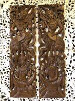 แผ่นไม้สัก ไม้สักแกะสลัก 1 คู่ ติดผนัง ตกแต่งห้อง (Carved wood sheet)ลายเทพเทวดากับเครื่องดนตรีไทย กว้าง35xหนา3xสูง120 cm สวยงาม โดดเด่น มีเอกลักษณ์