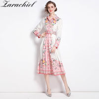 Womens Spring Autumn Boho Flower Dress Female Lapel Collar Long Sleeve Floral Print Party Beach Midi Vestidos With Belt