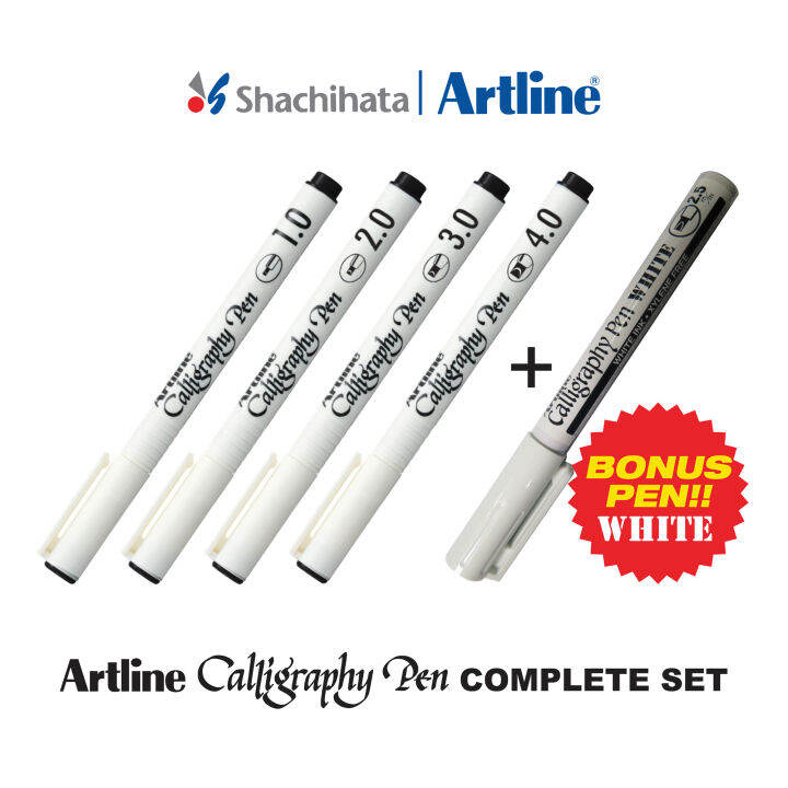 Artline Calligraphy Pen 4 Sizes Complete Set + 1 Free White Calligraphy