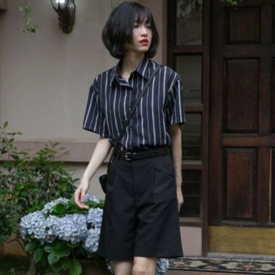 ‘；’ MEXZT Vintage Striped Blouses Women Summer Harajuku Short Sleeve Loose Shirts Office Lady Retro Elegant All Match Thin Coat Tops