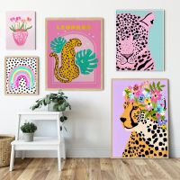 Sumanssa สีสัน Rainbow ดอกไม้ภาพดอกไม้ Crown Cheetah ภาพวาดผ้าใบโปสเตอร์เสือดาวสีชมพูสัตว์ Wall Art สำหรับตกแต่งห้องนั่งเล่น