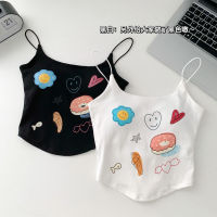 Summer New Style White Printed Cartoon Small Sling Vest Female Cotton Innerwear Sweet Hot Girl Short Tops Outerwear Fashion