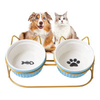 Ceramic Elevated Cat Bowl with Metal Stand Protect Spine Feeder Cute Cartoon Food and Water Feeding Bowls for Cats and Puppy