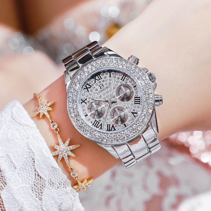 แฟชั่นผู้หญิงดู2022นาฬิกาใหม่ปลอมสามตาใบหน้าแฟชั่น-starry-สุภาพสตรีเข็มขัดเหล็กกันน้ำนาฬิกาป่า