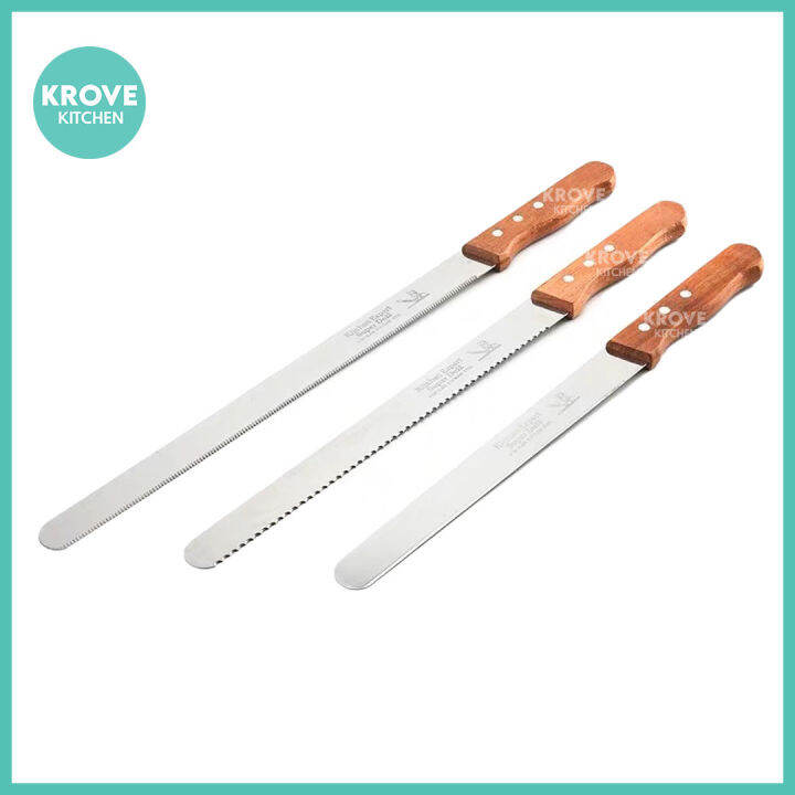 Serrated Bread Knife Stainless Steel w/ Wooden Handle for Leveling