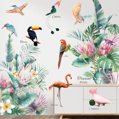 [24 Home Accessories] Tropical Green Leaves Flamingo Birds สติ๊กเกอร์ติดผนังดอกไม้โปสเตอร์ Plant Living Room Decor ตกแต่ง Vinyls ที่ถอดออกได้ Home Decal