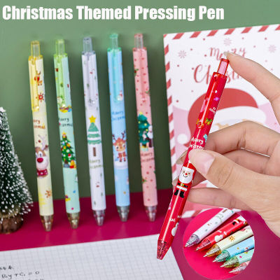 6ชิ้นธีมคริสต์มาสการ์ตูนปากกาเจลแบบกด0.5มิลลิเมตรหมึกดำเครื่องเขียนของขวัญสำหรับนักเรียนปากกาด้ามไม้