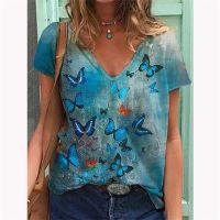 Fashion Womens V-neck T-shirts Summer Floral Graphics 3d Butterfly Print T shirt Haruku Tops 5xl Oversized Clothes Pullover