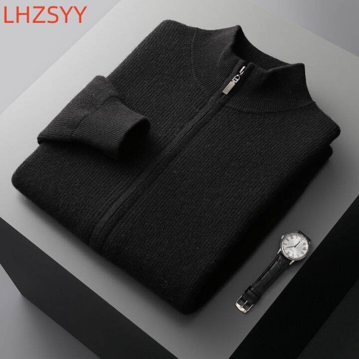 lhzsyy-คาร์ดิแกนผ้าแคชเมียร์ถักชายวัยกลางคน-เสื้อโค้ทมีซิปคอปก100-ขนสัตว์แท้ฤดูใบไม้ร่วงฤดูหนาวหนาเสื้อกันหนาวสำหรับผู้ชาย