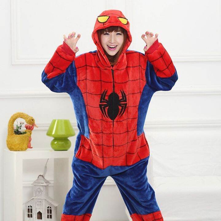 adults-animal-pajamas-sets-cartoon-sleepwear-cosplay-zipper-women-men-winter-unisex-flannel-red-spider-pajamas