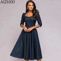 【Ladies shop】 AIZHIXI สแควร์คอปก3/4แขนพิมพ์ WomanAutumn เซ็กซี่เปลือยโบว์ TieMid CalfDresses สำหรับผู้หญิง2020