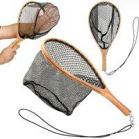 Portable Fly Fishing Net Landing Catch And Release Net Wooden Handle Rubber Cast Net Outdoor Fishing Tackle Fishing Accessories