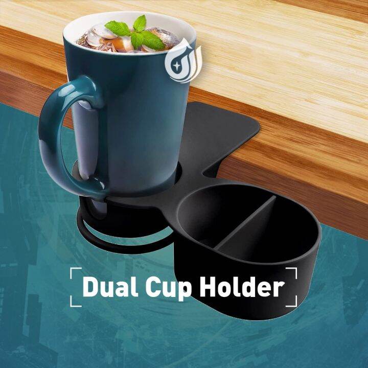 Dual Cup Holder Clip Table Edge Clamp Cup Stand with Storage Tray Desk