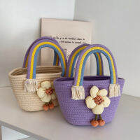 น่ารักสายรุ้งเมฆมินิ Totes กระเป๋าสำหรับเด็กสาวซัมเมอร์บีชเชือกฝ้ายหญิงกระเป๋าผู้หญิงขนาดเล็กถักยอดจับกระเป๋า