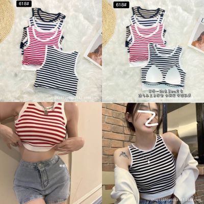 พร้อมส่ง เสื้อกล้ามลายทางเสริมบราฟองน้ำด้านใน ทรงครึ่งตัวเอวลอย ผ้าร่องไหมพรมนิ่มยืดเยอะใส่สบาย ใส่แมทกับอะไรก็ปังมากคร่า LG122