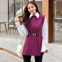 Autumn Winter Womens Lantern Sleeve Shirt Knitted Vest Two Piece Sets Of College Style Waistband Blouse Sweater Vest Suits