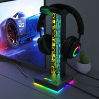 ที่แขวนในหูฟังหน้าจอที่แขวนหูฟังสำหรับเล่นเกม RGB พอร์ต USB แบบคู่10โหมดแท่นวางหูฟังสำหรับคอมพิวเตอร์วางตั้งโต๊ะ