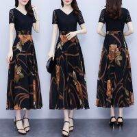 [COD] Short-sleeved lace dress womens 2022 summer new v-neck hollow chiffon print slim and mid-length