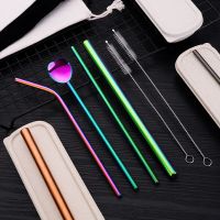 Creative 304 Stainless Steel Straw Spoon 7 Piece Set Home Portable Food Grade Drink Straw Spoon Tableware Kitchen Accessories Specialty Glassware