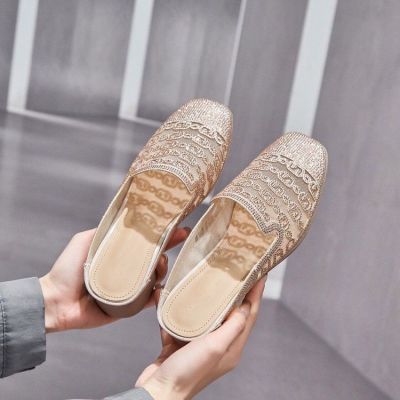 【July】 Baotou mesh semi-slippers womens thick heel outerwear fashion hollow breathable summer 2023 new full diamond sandals and slippers