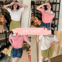 DD SHOPพร้อมส่ง 47148 เสื้อไหมพรมแขนสั้น คอปกหยักๆน่ารัก เหมือนสตอเบอร์รี่ คิ้วๆ