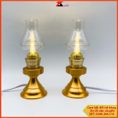 TMS - DAU01 Đèn dầu điện tử vỏ kim loại nhũ đồng, Đèn dầu cắm điện, đèn thờ