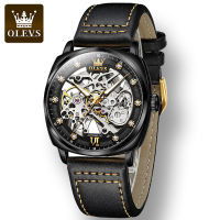 OLEVS 6651 Waterproof Men Wristwatch Fashion Automatic Mechanical Genuine Leather Band Watch For Men Luminous Perspective Window