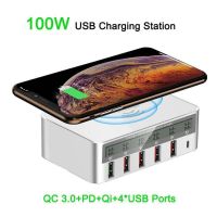 OKDEALS USB อะแดปเตอร์ชาร์จในรถยนต์100W PD QC 6พอร์ตที่ชาร์จแบบไร้สายสถานีชาร์จแบบรวดเร็วพกพาอเนกประสงค์สำหรับ IPhone 14 13 12/Samsung/Huawei