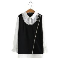 HOT”【มีไซส์ใหญ่】Plus Size Womens False Two Pieces Blouse Ladies Patchwork A-line Tops Large Size White Black Spring Summer Blusas