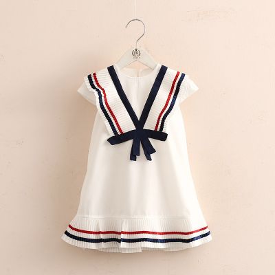 2022 New Summer 3 4 5 6 7 8 9 10 12 Years Child Preppy Style White Cotton Color Patchwork Bow Pleated Dress For Kids Baby Girls