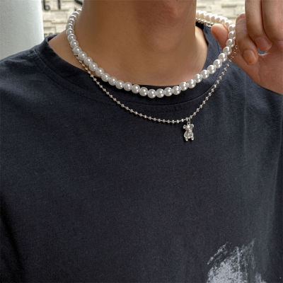 【CW】GATTVICT Y2K Fashion Imitation Pearls Chokers Necklace For Men Punk Bear Layered Pendant Necklace Personality Women Jewelry