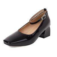 REAVE CATAnkle Strap Shoes Square Toe Med Heel Patent Leather Office Lady Daily Party Pumps Many Colors Large Size 28-52 B2655