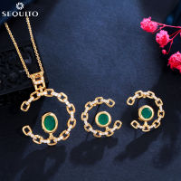 SEQUITO จัดส่งฟรีอารมณ์ผู้หญิงชุบทองเครื่องประดับ Micro Tiny CZ Pave หินสีเขียวมรกต C รูปร่างจี้สร้อยคอต่างหูชุด SJ208