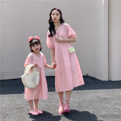 【YF】 Mother And Daughter Clothes Matching Dress Women Baby Girls Summer Pink Blue Dresses Mommy Me Clothing Korean Children Robe