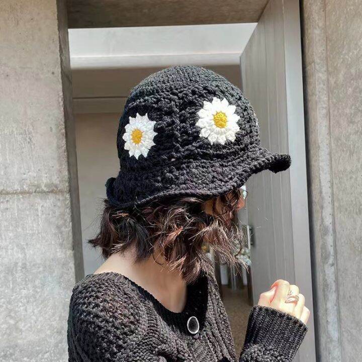 fashionable-pot-hat-sun-protection-bucket-hat-flower-embellished-hat-handmade-beach-hat-knitted-bucket-hat