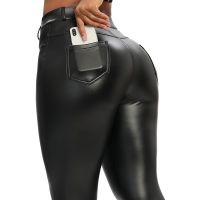【YD】 Leather Leggings Pockets Pants Waist Pant Thin Fleece Trousers