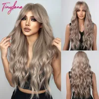 Rose Gray Ash Blonde Synthetic Wigs with Bangs Long Curly Wave Cosplay Natural Hair Wig for Black Women Afro Heat Resistant Wig  Hair Extensions Pads