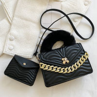 Fashion Women s BPU Leather Metal Chain Top-handle Bag with Mini Purse Plush Handle Crossbody Bag Luxury Brand Designer Handbag