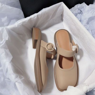 2023 New Authentic Leather Toe Slippers Casual Simple All-Match Flat Outdoor Mules Women