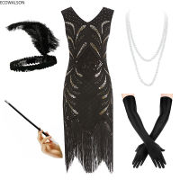 ผู้หญิง Flapper ชุด Plus ขนาด Vintage 1920S Gatsby อุปกรณ์เสริมชุด Fringed เลื่อมลูกปัดสำหรับปาร์ตี้พรหมชุดชุด30