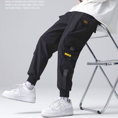 Harajuku Mens Side Pockets Cargo Harem Pants Ribbons Black Hip Hop Casual Male Joggers Trousers Fashion Casual Streetwear Pants