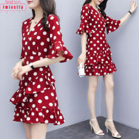 ชุดเดรสผู้หญิง IMIXCITY คอวี Slimming Polka Dot ชุดชีฟองเอวกลาง Ruffled