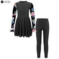 Kids Girls 2Pcs Rash Guard Swimsuit Sets Floral Print Long Sleeve Swim Dress with Leggings Sun Protection Bathing Suit Swimwear